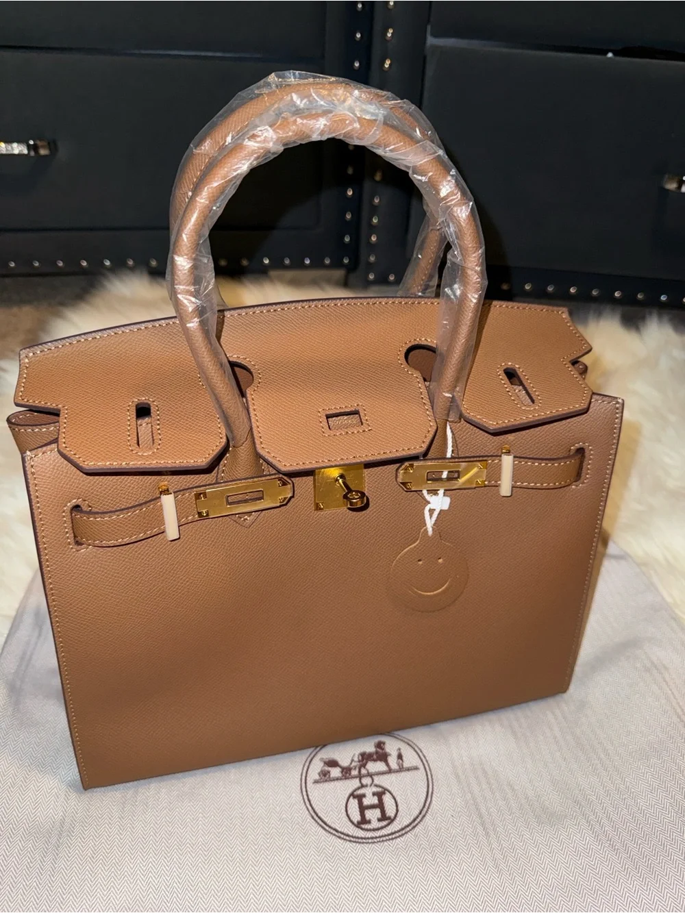 -style Tan Leather Top-Handle Bag with Gold Hardware
